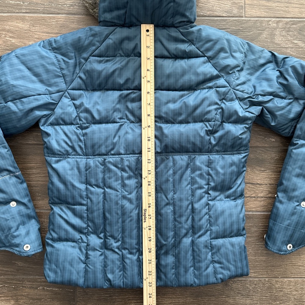 Columbia Down Puffer Jacket Women Medium Omni Shield Blue Hooded Faux Fur Trim - Picture 10 of 15